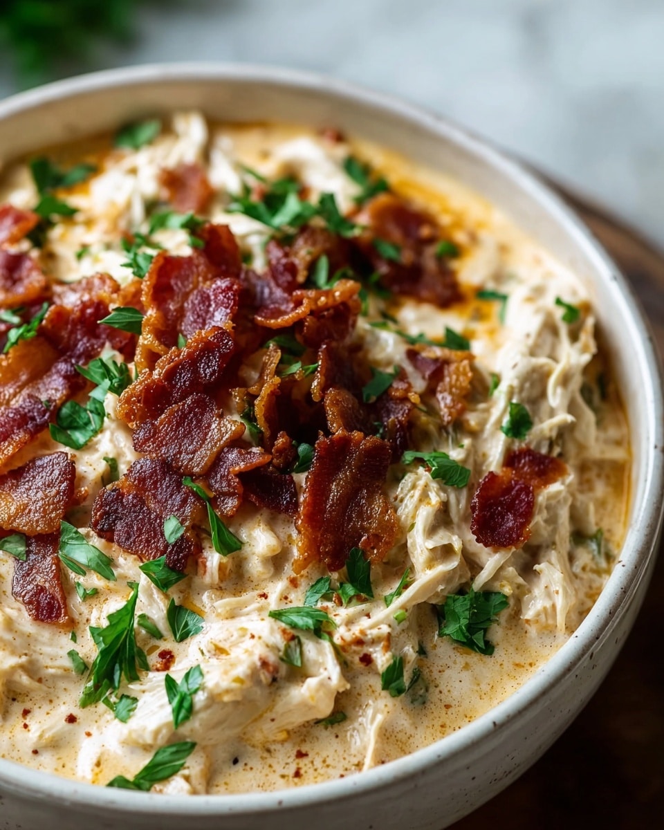 A close-up view of a white bowl filled with creamy, shredded chicken mixed with cheese sauce, creating a soft and rich texture in a light beige color. On top, there are crispy, dark reddish-brown bacon strips scattered, adding a crunchy texture. Scattered green parsley leaves add a fresh, bright contrast on top of the dish. The bowl is placed on a white marbled surface. photo taken with an iphone --ar 4:5 --v 7