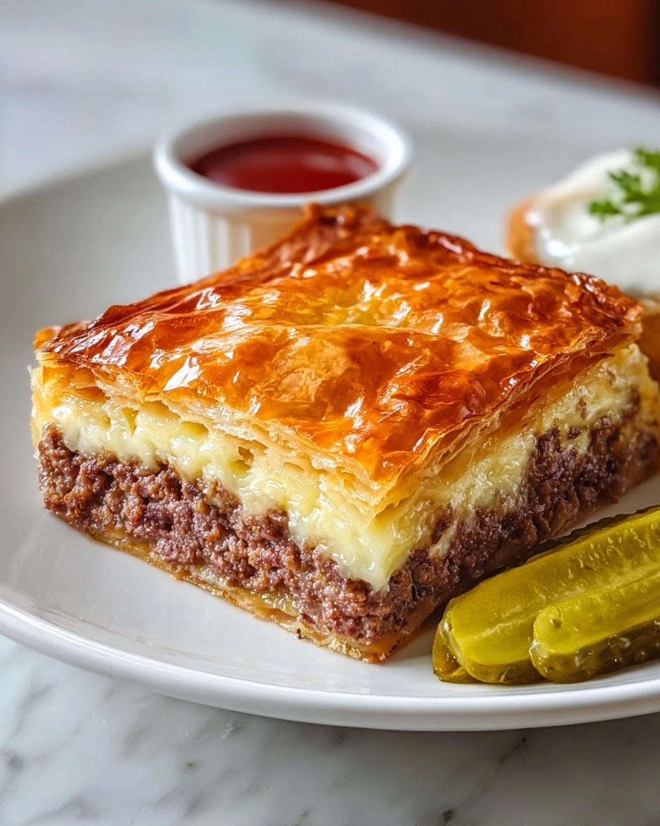 A square slice of layered pie sits on a white plate, showing three main layers: the top layer is golden brown and flaky pastry with a shiny, slightly crispy finish; the middle layer is rich, crumbly ground meat with a dark brown, moist texture; the bottom layer is a smooth, melted pale cheese base. On one side of the plate are two green pickles, and a small white cup filled with red sauce is in the background. The plate is placed on a white marbled texture surface. photo taken with an iphone --ar 4:5 --v 7