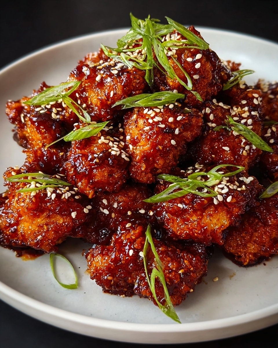 A pile of crispy fried chicken bites coated in a sticky dark reddish-brown sauce is served on a white plate. The chicken pieces have a crunchy texture with a glossy finish from the sauce. They are topped with white sesame seeds evenly scattered and fresh green chopped scallions sprinkled on top and around the edges. The plate sits on a white marbled textured surface, creating a clean and elegant presentation. photo taken with an iphone --ar 4:5 --v 7