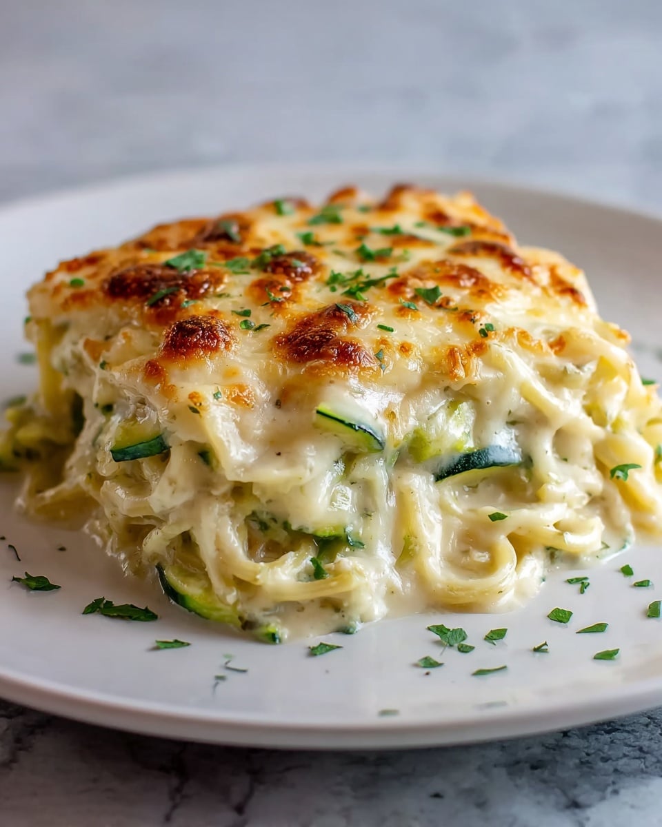 A white plate holds a creamy baked pasta dish with three main layers visible. The bottom layer shows creamy white sauce mixed with tender pasta noodles and small green pieces of zucchini. The middle layer is thicker white sauce evenly covering the pasta, with gooey melted cheese. The top layer has melted and slightly browned cheese, golden with crispy edges and sprinkled with finely chopped green herbs. The dish looks warm and rich, placed on a white marbled textured surface. Photo taken with an iphone --ar 4:5 --v 7
