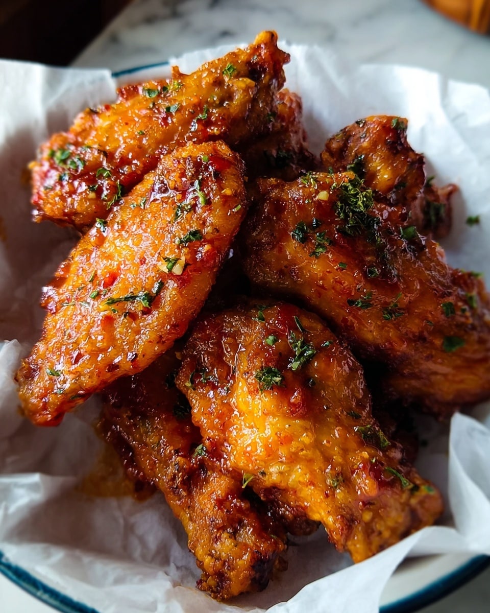 The image shows several golden-brown fried chicken wings stacked together on white parchment paper. The wings have a crispy texture with visible small crispy bits and are coated in a glossy, sticky sauce that gives them a shiny, slightly reddish-orange color. Small green herbs are sprinkled evenly over the wings, adding a touch of color contrast. The chicken wings are placed inside a white bowl with a slight blue rim, and the entire setup is on a white marbled surface. photo taken with an iphone --ar 4:5 --v 7