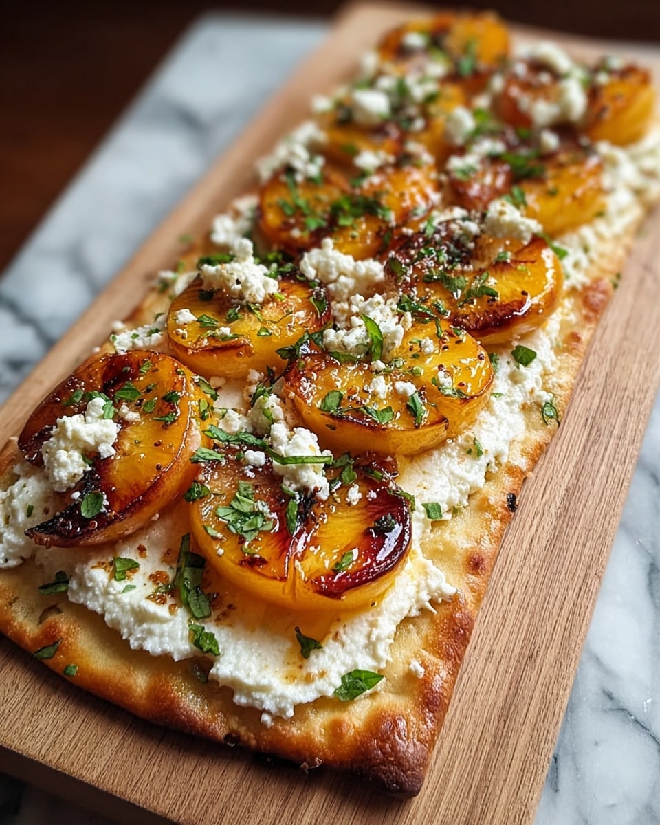 A rectangular flatbread with a golden-brown crust forms the base layer, topped generously with a thick, creamy white cheese spread that looks soft and slightly textured. On top of the cheese, there are several caramelized peach slices, golden yellow with hints of darker brown from the grilling, creating a shiny and slightly charred texture. Small clumps of white, crumbly cheese are scattered over the peaches, adding contrast. Bright green chopped herbs are sprinkled evenly across the whole dish, completing the fresh look. The flatbread is presented on a wooden board with a white marbled texture underneath. photo taken with an iphone --ar 4:5 --v 7