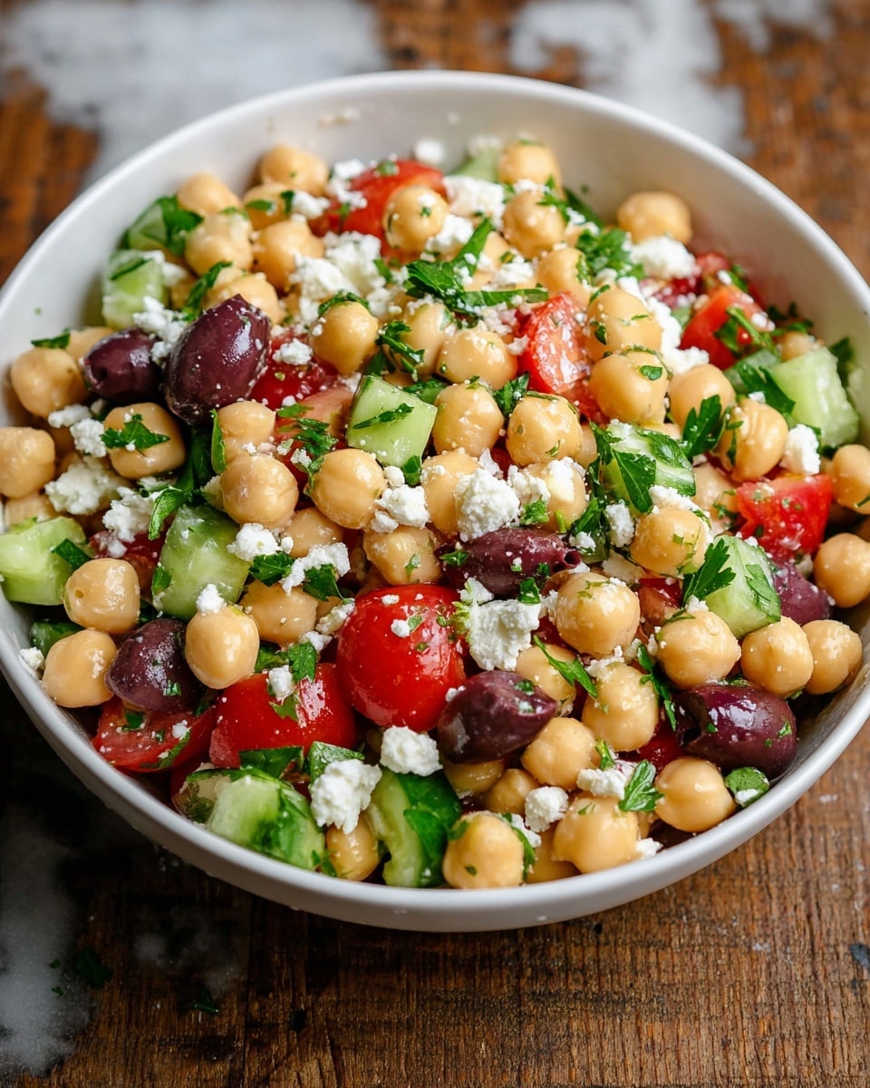 A white bowl filled with a colorful chickpea salad, showing layers of round, beige chickpeas scattered evenly throughout, alongside darker purple olives, bright red diced tomatoes, and light green cucumber chunks with a crinkled texture. Crumbled white cheese dots the salad evenly, adding contrast, while small green parsley leaves are mixed throughout, giving a fresh look. The bowl is set on a rustic wooden table, with a white marbled texture in the blurred background. photo taken with an iphone --ar 4:5 --v 7