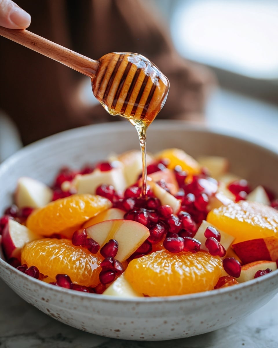 A close-up shows a bowl full of fresh fruit pieces, including bright orange slices, deep red pomegranate seeds, and small light red apple wedges. Above the bowl, a wooden honey dipper held by a woman's hand drips thick, golden honey onto the fruit. The bowl is white and rests on a white marbled surface, with soft natural light highlighting the shiny textures of the honey and fruit juice. The background is blurred, focusing all attention on the colorful fruit and honey drizzle. photo taken with an iphone --ar 4:5 --v 7