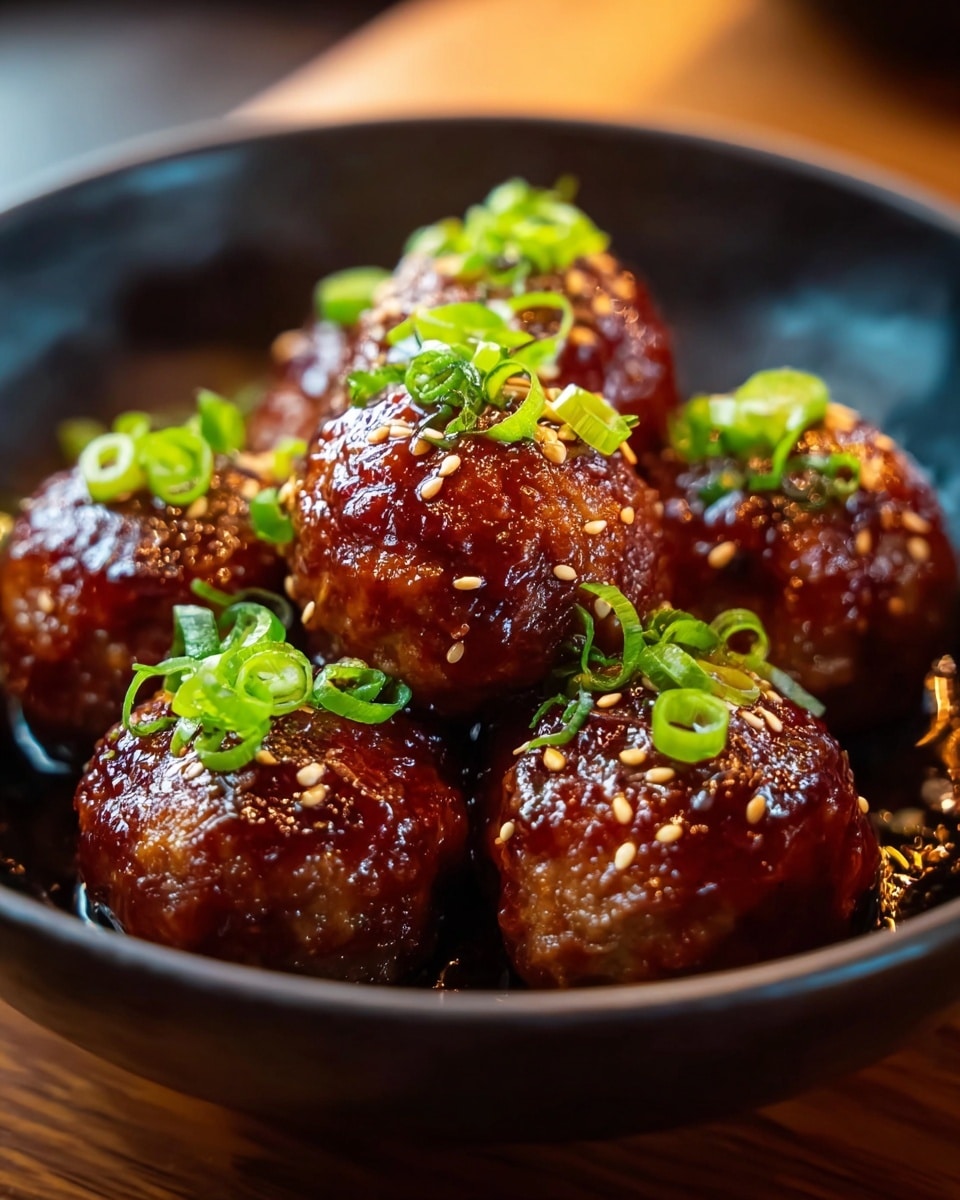 A close-up view of seven glossy meatballs arranged in a dark bowl, each meatball richly coated in a thick, shiny brown sauce. The meatballs are topped with bright green chopped scallions scattered over their surfaces, and a light sprinkling of pale sesame seeds adds texture and contrast. The bowl is placed on a wooden table, with a softly blurred background enhancing the focus on the meatballs. photo taken with an iphone --ar 4:5 --v 7
