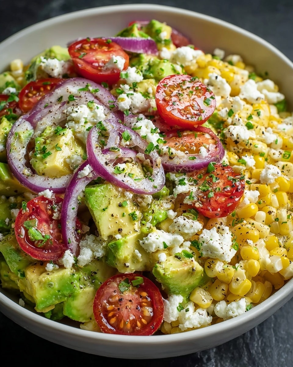 The dish is a colorful salad served in a white bowl, filled with layers starting with diced avocado pieces showing bright green and creamy texture. On top, there are juicy red cherry tomato halves scattered evenly, adding vibrant color. Sweet yellow corn kernels form another layer, mixed with small white crumbles of cheese that add a soft texture. Thin rings of purple onion are placed throughout, giving a mild sharp contrast. The salad is sprinkled with chopped green herbs and a bit of black pepper, making the whole dish look fresh and tasty. photo taken with an iphone --ar 4:5 --v 7