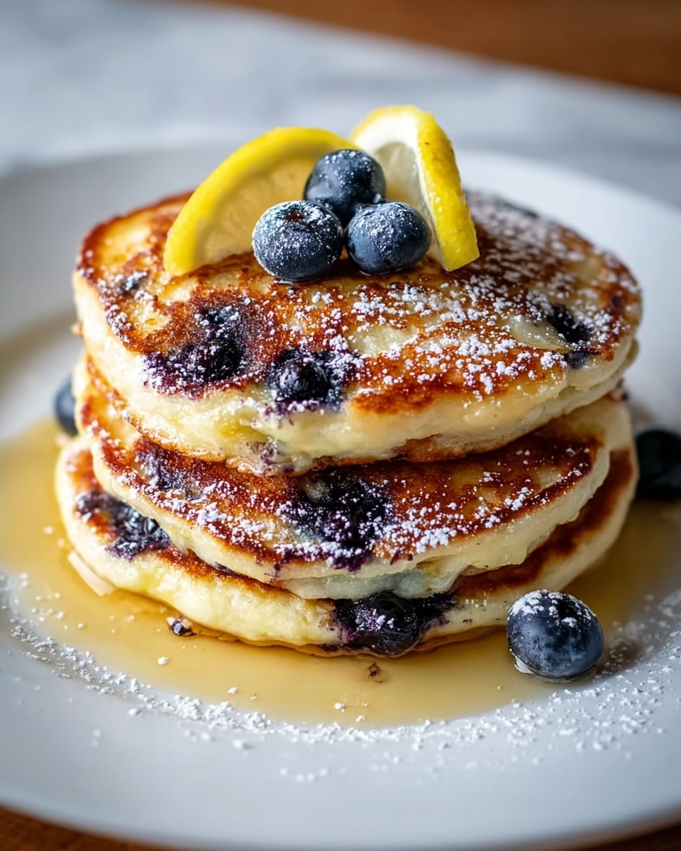 A stack of three golden brown pancakes with visible dark blueberries cooked inside each layer sits in the center of a white plate. The pancakes have a slightly crispy edge and are topped with several fresh blueberries and a small wedge of lemon placed upright on the top pancake. Powdered sugar is lightly dusted over the top layer and around the plate. A light amber syrup pools beneath the stack and spreads slightly on the plate. The white marbled surface beneath the plate adds a clean, simple background. photo taken with an iphone --ar 4:5 --v 7