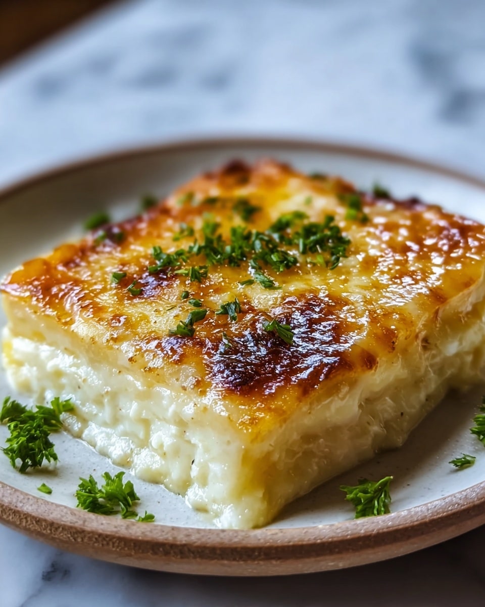 A single rectangular piece of creamy, golden-browned baked dish sits on a round white plate, showcasing three visible layers: a soft, slightly bubbling white base layer, a thick middle layer with a smoother pale yellow texture, and a crispy top layer of slightly browned melted cheese with a shiny, glossy finish. Small green herb pieces are sprinkled across the top, adding a pop of color. The white marbled background softly blurs in the distance, focusing attention on the dish. photo taken with an iphone --ar 4:5 --v 7