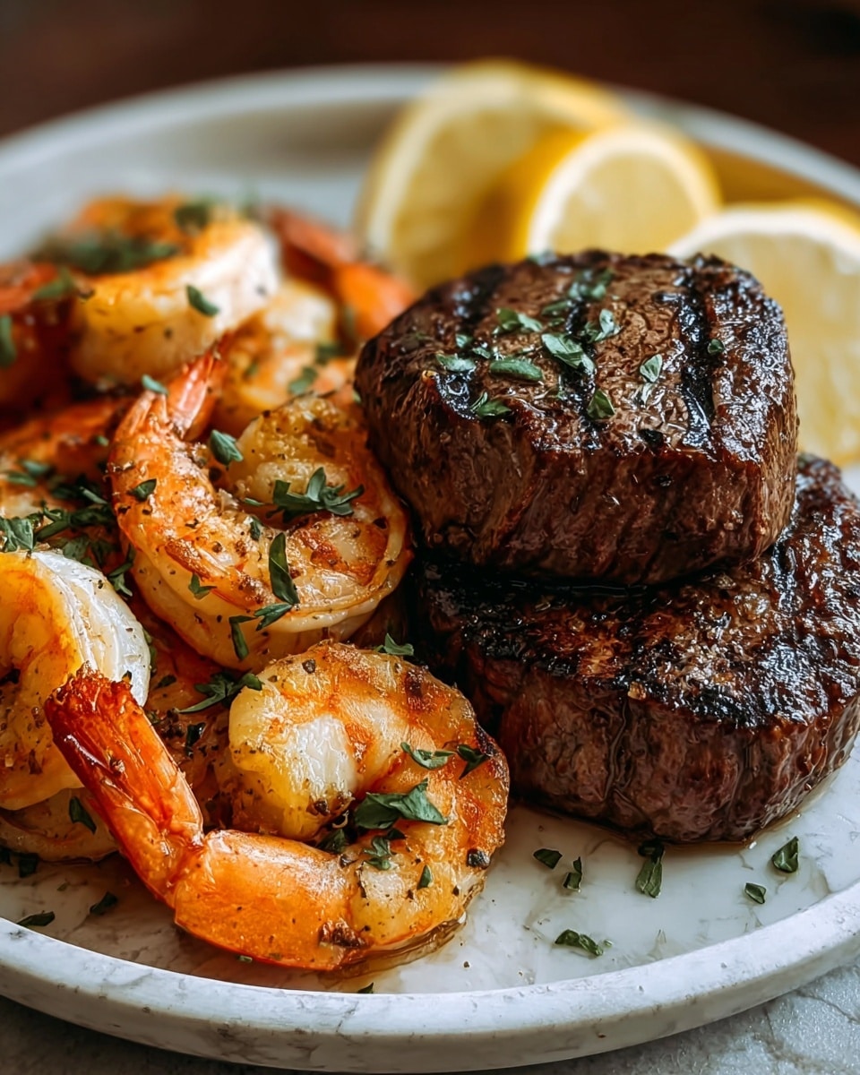 The image shows a round white plate with two medium-sized grilled steaks stacked slightly on the right side, both with a dark brown seared surface and a juicy texture. On the left side of the plate, there are several grilled shrimp with a shiny, orange-pink color and a slightly charred texture, garnished with fresh green herb sprigs scattered over them. Behind the shrimp, there are two lemon wedges with a light yellow color, adding a fresh look to the dish. The plate sits on a white marbled surface, enhancing the rich colors of the food. photo taken with an iphone --ar 4:5 --v 7