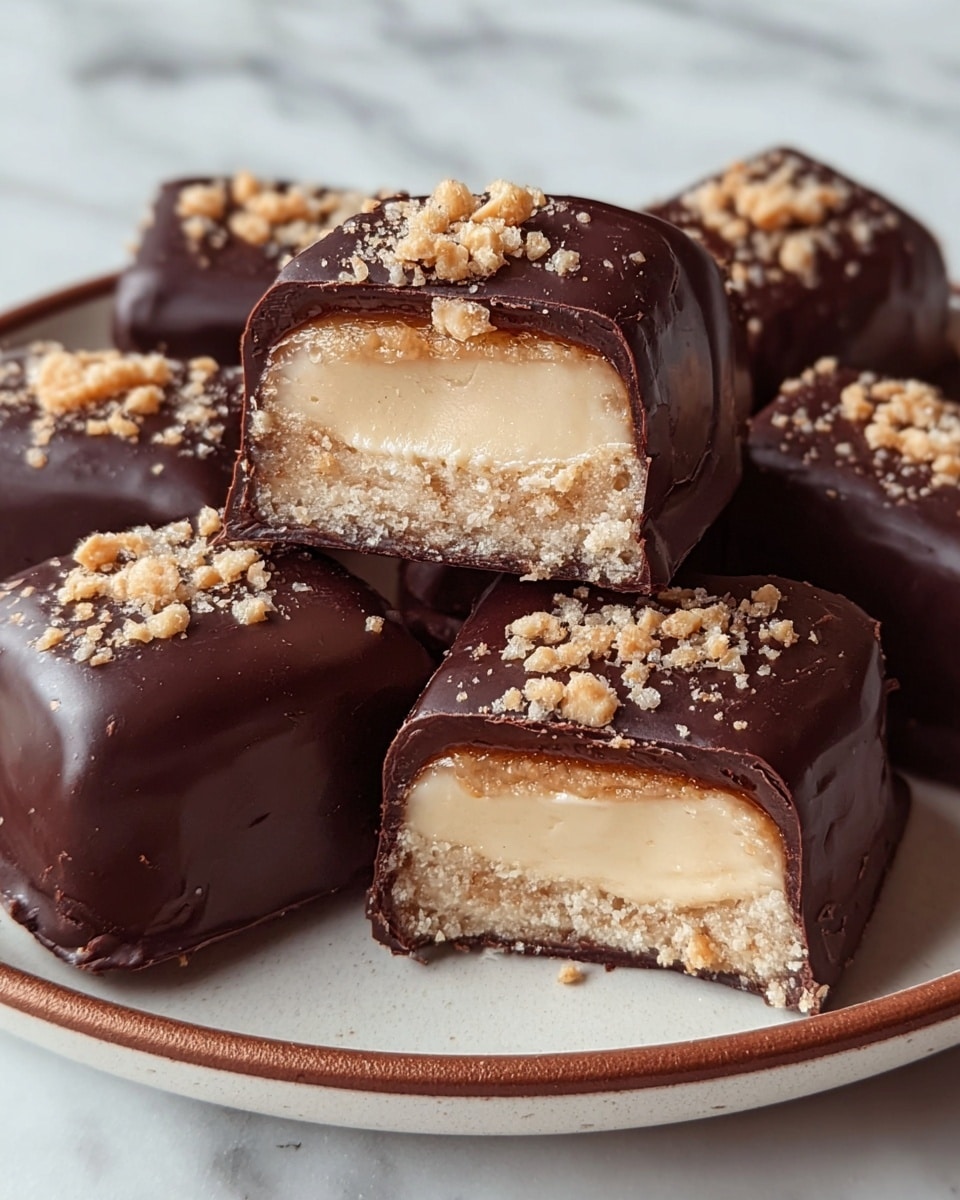 The image shows several pieces of a chocolate-covered treat on a white plate with a brown rim, placed on a white marbled surface. Each piece has three visible layers: a thick dark chocolate outer shell with a smooth, glossy texture, a creamy pale beige filling inside that looks soft and moist, and a fine crumbly base beneath the filling. The top of each piece is decorated with small, light tan crunchy bits scattered in the center. One piece in the front is cut open, clearly revealing the layers inside. The photo taken with an iphone --ar 4:5 --v 7