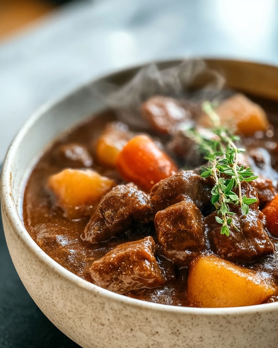 A close-up image of a bowl filled with rich brown beef stew showing chunky pieces of tender beef, orange carrot slices, and pale yellow potato cubes all covered in a thick brown gravy. A small green sprig of fresh herbs rests on top, adding contrast. The bowl is white with a speckled texture and the background features a white marbled surface with soft, out of focus elements. Steam lightly rises from the stew, giving a fresh and hot feel. photo taken with an iphone --ar 4:5 --v 7