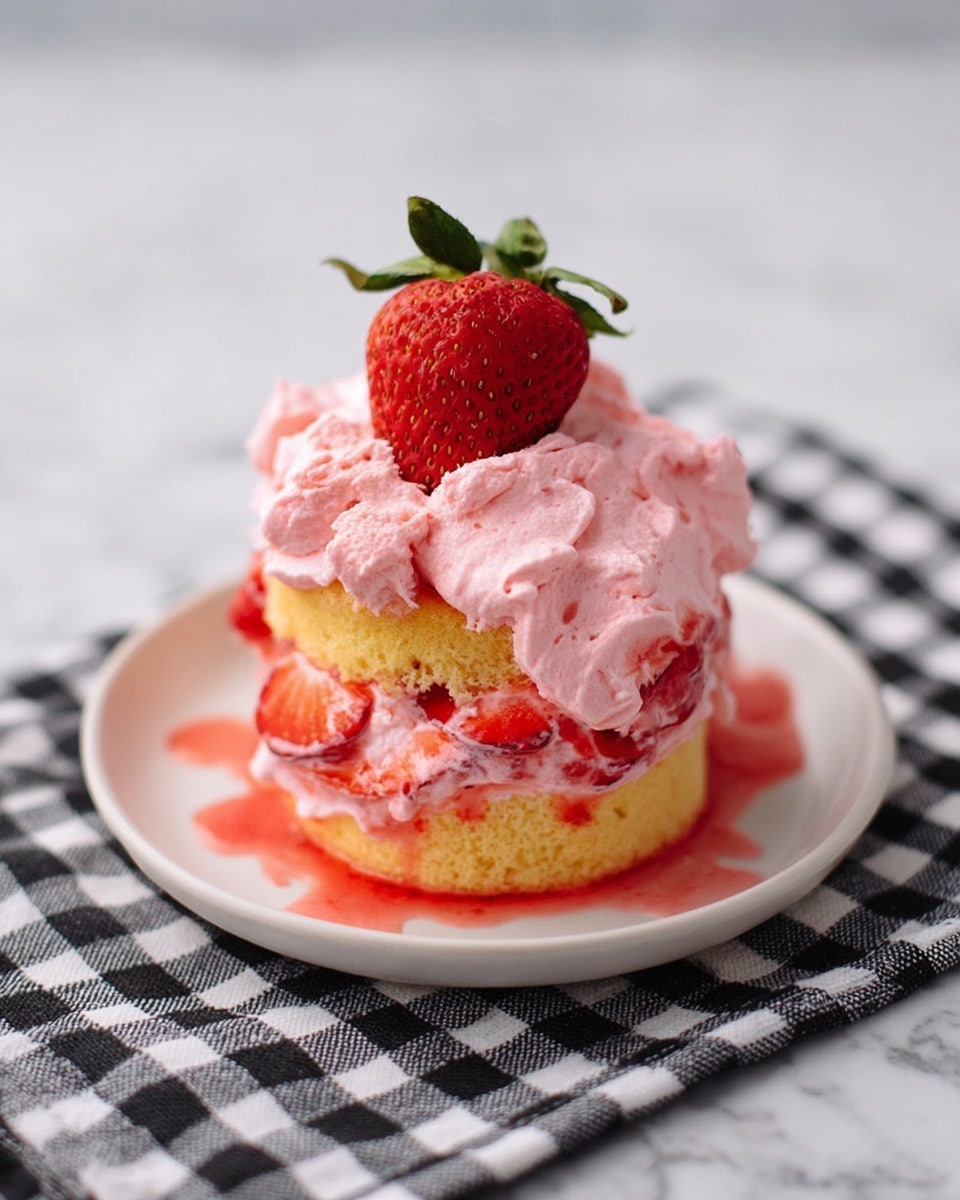A small, round yellow cake layered twice on a white plate sits on a black and white checkered cloth over a white marbled surface. Between the two cake layers is a thick layer of bright pink whipped cream mixed with sliced strawberries soaked in red syrup that spreads across the plate. The top layer is fully covered with the same pink whipped cream, shaped in soft peaks, and crowned by one whole fresh red strawberry with green leaves. The overall look is soft, creamy, and fresh with vibrant red and pink colors contrasting the pale yellow cake, all set against the clean white plate. photo taken with an iphone --ar 4:5 --v 7