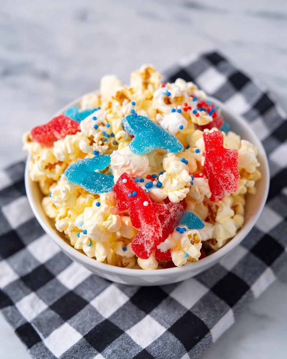 A white bowl filled with a mix of light yellow popcorn and colorful gummy candies sits on a black and white checkered cloth over a white marbled surface. The popcorn pieces form the base layer, fluffy and lightly buttered, while the top layer is decorated with bright red, blue, and white gummy candies shaped like fish and bottles, some coated with sugar crystals. The entire snack mix is sprinkled with tiny blue candy dots and a drizzle of white icing for contrast, creating a playful and sweet appearance. photo taken with an iphone --ar 4:5 --v 7