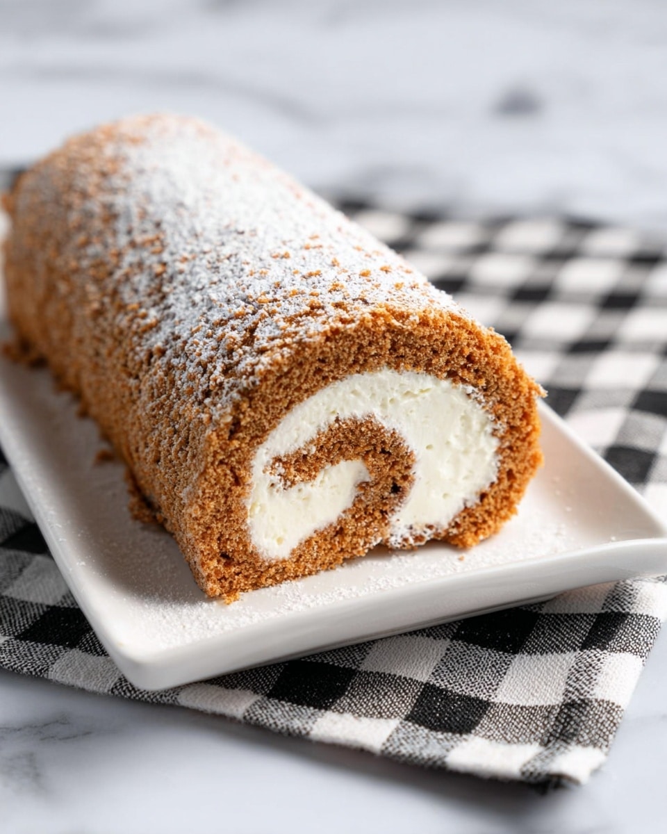 A close-up of a rolled cake with two main layers: a light brown soft sponge cake on the outside and a creamy white filling swirled inside. The cake is dusted with a thin layer of white powdered sugar on top. It is placed on a white rectangular plate, which sits on a black and white checkered cloth, all set against a white marbled surface. The texture of the sponge looks fluffy and slightly crumbly, while the filling appears smooth and rich. photo taken with an iphone --ar 4:5 --v 7
