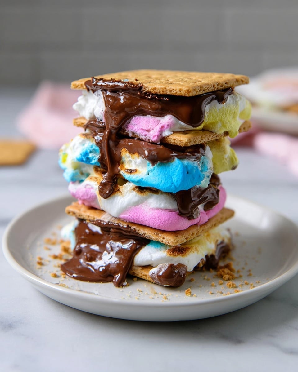 A tall stack of six layers of crispy light brown graham crackers is arranged on a white plate with soft edges, placed on a white marbled surface. Between each cracker layer, there are thick, melted marshmallows in bright blue, pink, white, and yellow colors, with gooey chocolate spread unevenly, oozing out and dripping down the sides. The marshmallows have a fluffy texture, some parts are melting and blending with the rich, glossy dark brown chocolate that contrasts the light crackers and colorful marshmallows. Photo taken with an iphone --ar 4:5 --v 7