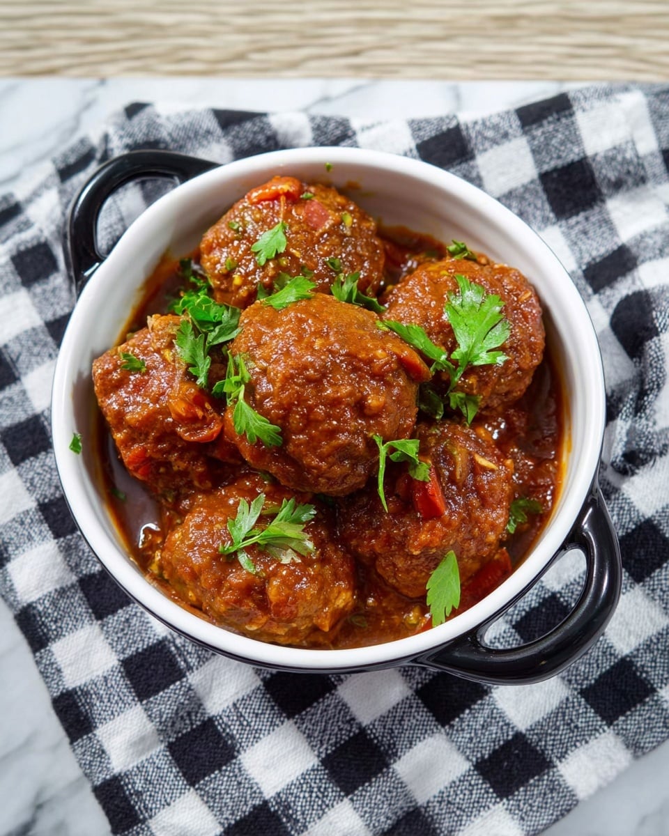 A white bowl with black handles is filled with six round, brown meatballs covered in a thick reddish-brown sauce. The sauce has visible small chunks of tomatoes and is garnished with bright green parsley leaves scattered on top. The bowl sits on a black and white checkered cloth, placed on a white marbled textured surface. photo taken with an iphone --ar 4:5 --v 7