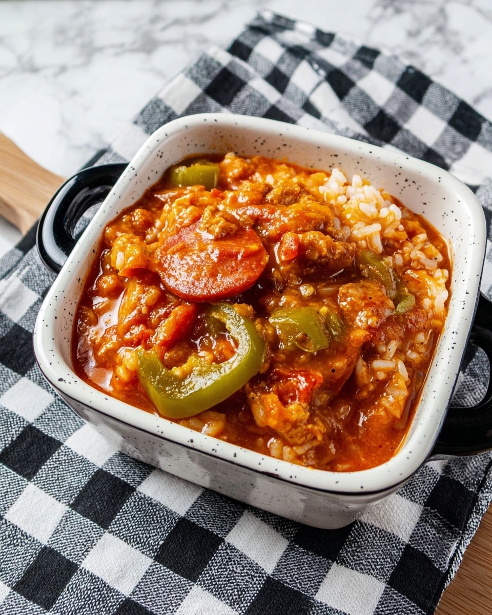 A white speckled square bowl with black handles holds a thick stew with visible layers of orange-red sauce covering soft pieces of green bell pepper, round slices of reddish pepperoni, and tender chunks of light brown meat mixed with soft white rice, all blending into a rich, chunky texture. The bowl sits on a black and white checkered cloth over a white marbled surface, showing a cozy, warm meal ready to eat. photo taken with an iphone --ar 4:5 --v 7