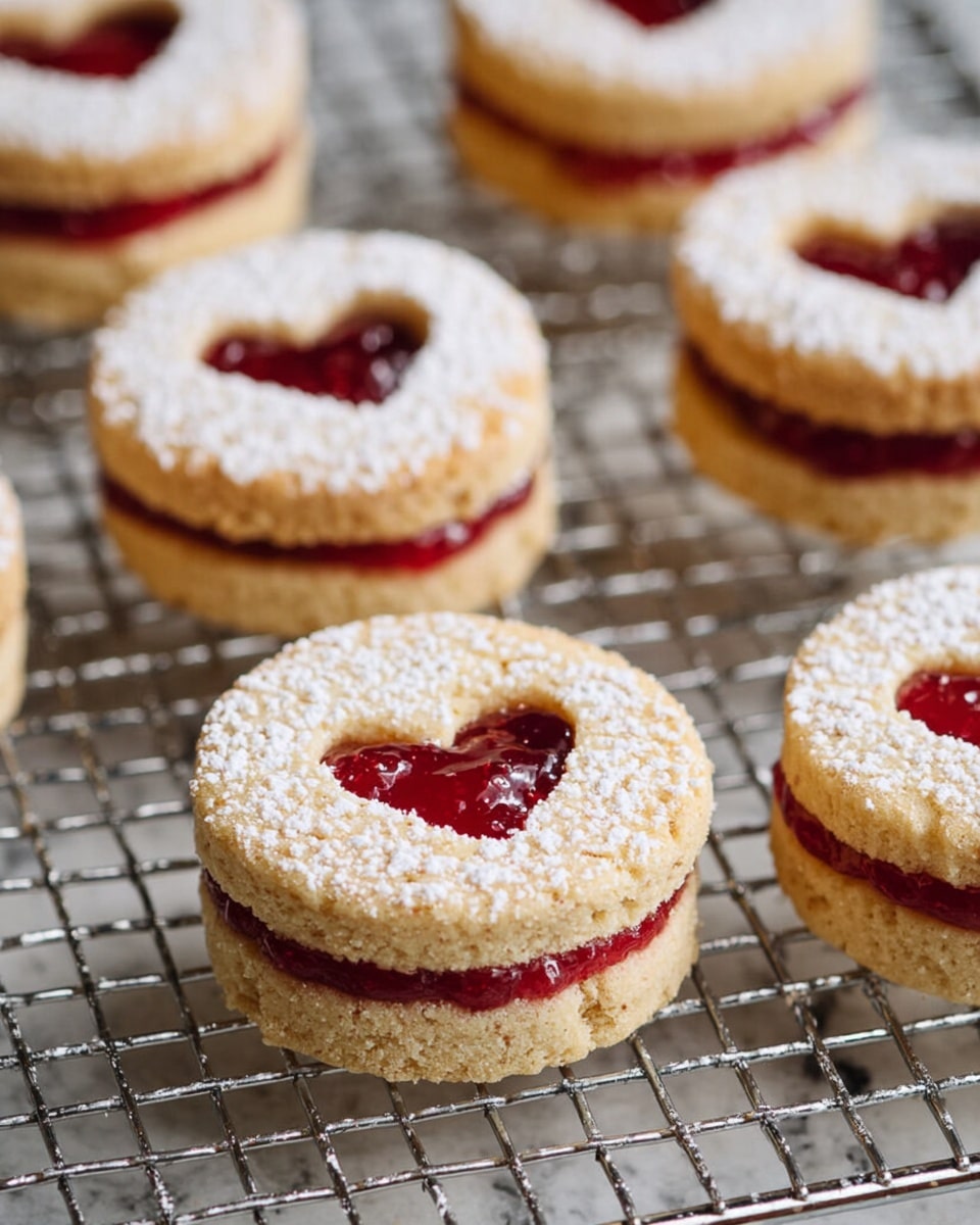 A close-up view of small round sandwich cookies resting on a wire rack with a white marbled background below. Each cookie has two layers: the bottom layer is light golden brown with a slightly rough texture, and the top layer is a similar color but has a heart-shaped cutout in the center. Bright red jam fills the heart cutout and is visible slightly overflowing between the cookie layers. The top cookie layer is dusted with a fine white powdered sugar, creating a soft snowy effect. The cookies are evenly spaced, showing the shiny jam and fluffy sugar contrast clearly. photo taken with an iphone --ar 4:5 --v 7