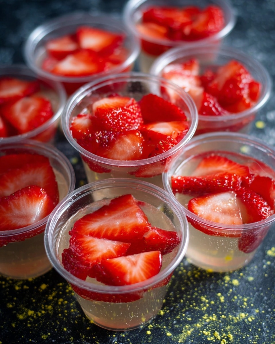 A stack of small clear plastic cups, each filled with two layers: a bottom layer of clear gelatin and a top layer of bright red strawberry slices arranged neatly inside. The gelatin is smooth and shiny, allowing the light to pass through and highlight the texture of the strawberries, which have a fresh, slightly glossy look. The cups are placed close together on a dark surface with scattered yellow powder, changed to a white marbled texture in the description. The overall look is fresh and colorful with a neat and simple arrangement. photo taken with an iphone --ar 4:5 --v 7