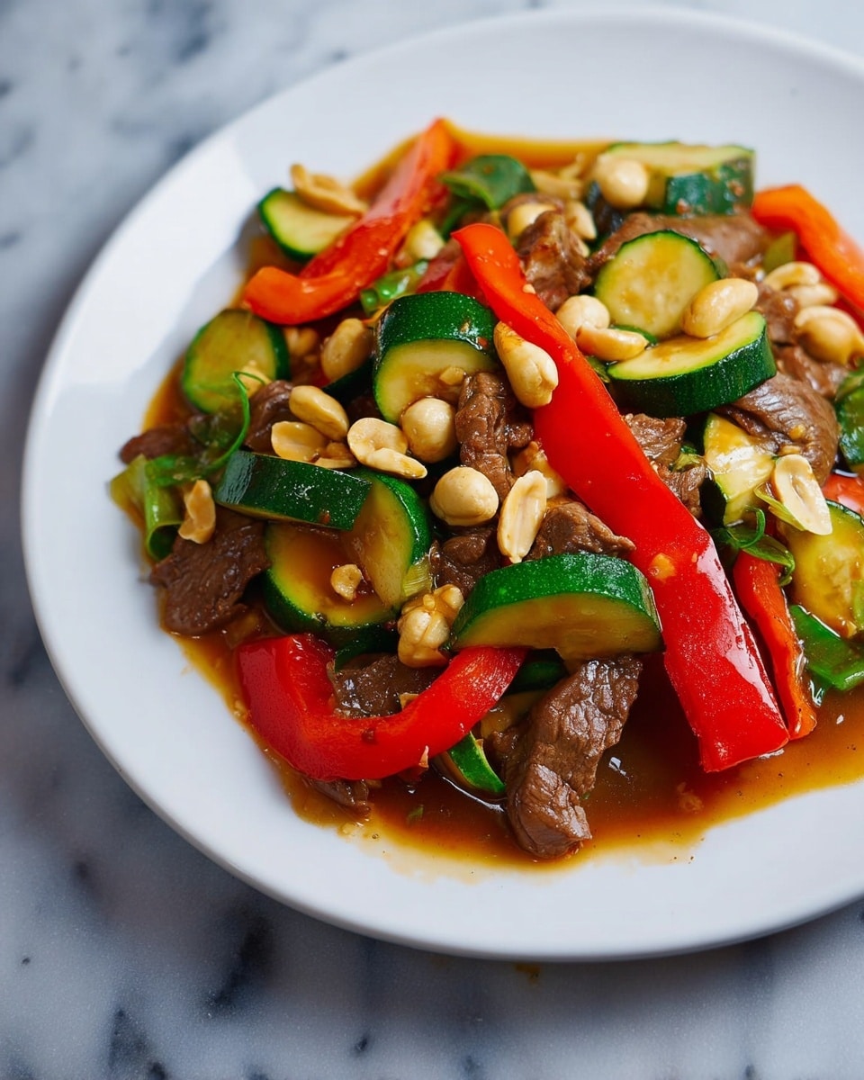 The dish shows a colorful stir-fry served on a white plate with a white marbled surface beneath. It has three main visible layers: large bright red bell pepper pieces with a smooth texture, shiny dark brown cooked strips of beef that appear tender, and semi-circular slices of green zucchini with a glossy look. Scattered throughout are light tan peanuts adding a crunchy touch, all mixed in a thin brown sauce that spreads slightly on the plate edges. Photo taken with an iphone --ar 4:5 --v 7