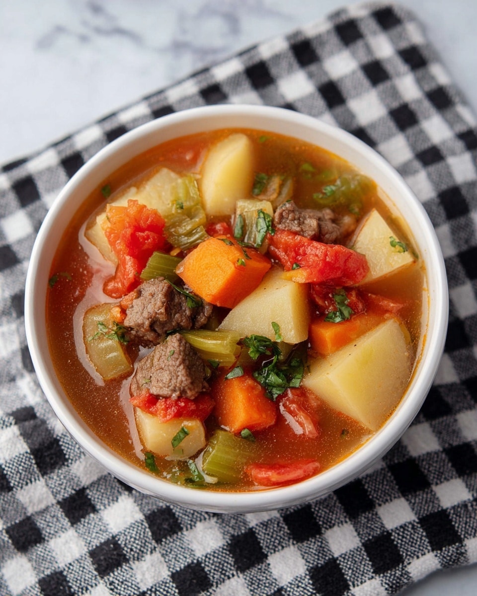 A white bowl filled with a chunky vegetable and beef soup is placed on a black and white checkered cloth over a white marbled surface. The soup has three main layers: large chunks of beige potatoes and bright orange carrots, pieces of celery in light green, and dark brown beef chunks mixed throughout. There are also bright red tomato pieces and small green leafy herbs adding a fresh contrast. The broth is clear to light brown, slightly glossy, and fills the gaps between the solid ingredients. Photo taken with an iphone --ar 4:5 --v 7
