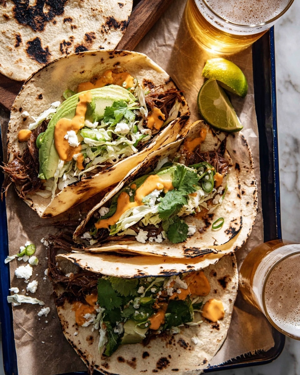 Three soft flour tortillas with charred spots are open and filled with layers. The first layer is shredded white cabbage, then shredded dark brown meat, topped with sliced light green avocado, fresh green cilantro leaves, thinly sliced green onions, small white crumbles of cheese, and dollops of bright orange creamy sauce. The tacos rest on a sheet of brown parchment paper on a dark blue tray against a white marbled surface. Near them, there is a glass of light golden beer and a halved lime. Photo taken with an iphone --ar 4:5 --v 7