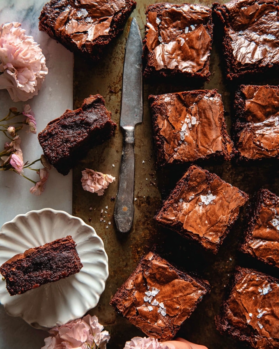 The image shows a grid of rich, square chocolate brownies with a shiny, cracked top layer that has a deep brown color. Each brownie has a slightly textured surface with some cracks and a few white salt flakes sprinkled on top. One brownie is held by a woman's hand on the right side, showing its dense, moist interior with a fudgy texture. In the lower left corner, a white scalloped plate holds several brownies, some adorned with small, light pink and white flowers that add a gentle color contrast. The entire scene is set on a white marbled surface that highlights the dark brownies and soft flowers, giving a warm and cozy feel. Photo taken with an iphone --ar 4:5 --v 7