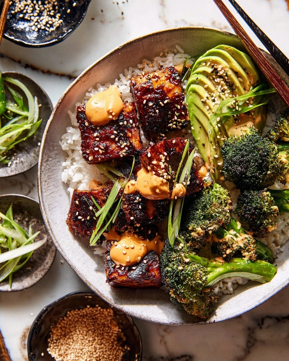 A white bowl filled with a base layer of white rice topped with several pieces of dark brown, grilled tofu with a shiny glaze and small sesame seeds scattered on top. There are bright green broccoli florets around the tofu, and thin slices of green avocado sprinkled with black and white sesame seeds on one side. Thin green scallions are placed on top, adding more color and texture. Small dollops of light orange sauce sit on some tofu pieces, and dark wooden chopsticks rest on the bowl's edge. The bowl is set on a white marbled surface with small side dishes containing sliced scallions, sesame seeds, and more orange sauce. photo taken with an iphone --ar 4:5 --v 7