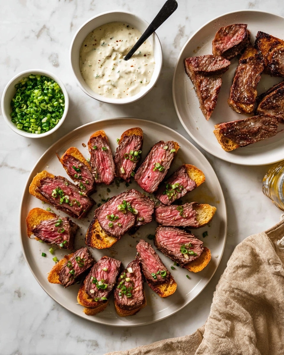 A large white plate holds thirteen pieces of medium-rare steak slices placed on top of golden brown toasted bread pieces, arranged in a circle. To the upper right, a smaller white plate has several more steak slices with visible pink centers and browned edges. Above the large plate, a white bowl filled with creamy white sauce with specks is shown, with a black spoon resting inside. To the upper left, a small white bowl contains chopped green onions, adding a pop of green color. The setup rests on a white marbled surface with a beige cloth partially visible at the bottom right corner. Photo taken with an iphone --ar 4:5 --v 7