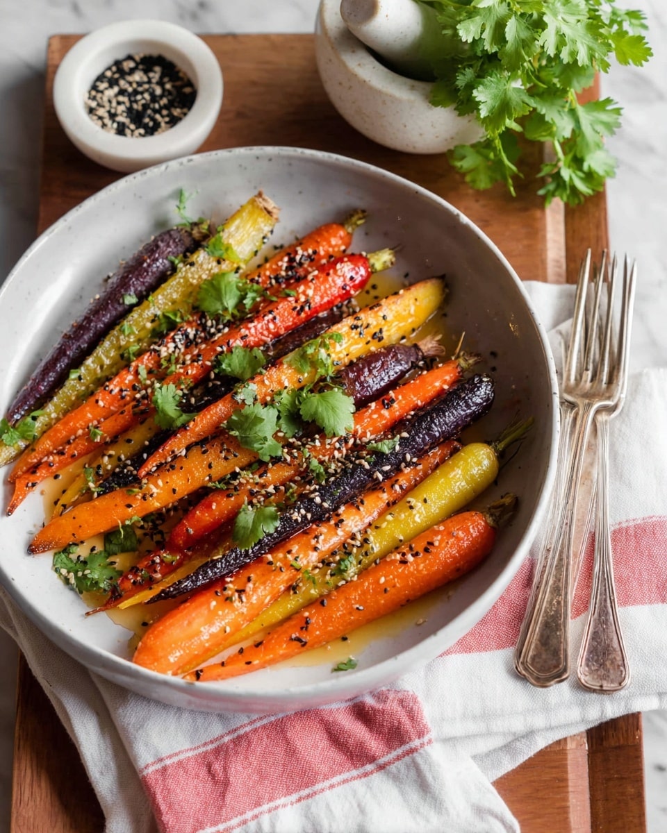 A dish of colorful roasted carrots in a white bowl, arranged in overlapping layers with orange, purple, yellow, and pale cream carrots, all glistening with a light coating of oil. The carrots are sprinkled with black and white sesame seeds and small chopped green herbs, with a few fresh cilantro leaves on top as garnish. The bowl sits on a white cloth with red stripes lying on a wooden board, with two silver forks placed on the side. The background features a small white bowl with black sesame seeds, a white mortar, and fresh cilantro, all on a white marbled surface. Photo taken with an iphone --ar 4:5 --v 7