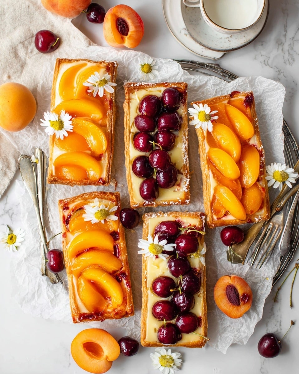 The image shows six rectangular fruit pastries arranged on crumpled white parchment paper on a silver cooling rack, placed over a white marbled surface. Each pastry has two layers: a golden-brown, flaky crust base, and a glossy, creamy custard layer topped with fresh fruit. Three pastries have a row of bright orange apricot slices, neatly layered and slightly overlapping in the center, creating a smooth curved pattern. The other three are topped with dark red cherries, some whole and some halved, with shiny, juicy textures. Small white and yellow daisy flowers are scattered on and around the pastries, adding a delicate touch. Fresh whole and halved apricots and cherries are placed near the pastries for decoration. A white ceramic cup with a silver spoon and a fork lie nearby. photo taken with an iphone --ar 4:5 --v 7