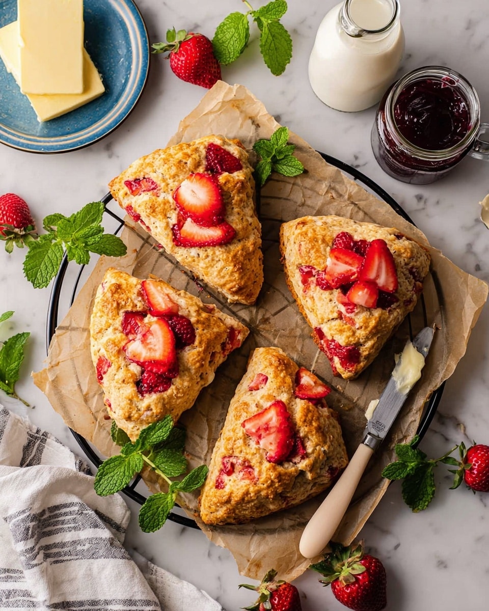 Four triangular scones with a golden brown crust speckled with bright red strawberry pieces and topped with halved fresh strawberries are placed on brown parchment paper over a black cooling rack. The scene shows a blue plate holding two slabs of yellow butter and a white knife with butter on it, all positioned on a white marbled surface. Surrounding the scones are fresh green mint leaves, small red strawberries with leaves attached, a silver spoon resting on parchment, a white jar with a blue rim containing dark red jam and a wooden spoon inside, a white milk bottle, and a striped cloth napkin with a woman's hand resting on it. photo taken with an iphone --ar 4:5 --v 7