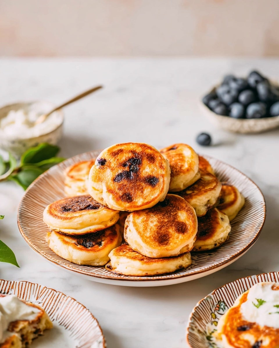 The image shows a white plate with brown stripe designs, filled with golden brown, round, thick pancakes that have a slightly crispy texture and dark spots from cooking. The pancakes are stacked in a casual pile, and some have visible bits, possibly blueberries, inside. The plate sits on a white marbled surface with a small white bowl of cream or yogurt nearby, and a cluster of blueberries with green leaves to one side. Part of another white plate with pancake slices topped with cream and blueberries is visible at the bottom right. Photo taken with an iphone --ar 4:5 --v 7