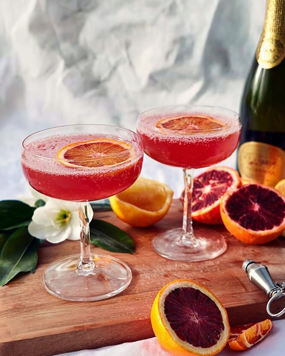 Two clear glass coupe glasses hold pinkish-red drinks, each garnished with a round slice of orange or blood orange on the rim. The drinks have a bubbly texture at the top. They sit on a wooden board, alongside a bottle with a golden label and a metal bottle opener. Next to the board is a white flower and a collection of sliced citrus fruits showing bright orange, deep red, and yellow colors. The background is a white marbled texture. Photo taken with an iphone --ar 4:5 --v 7