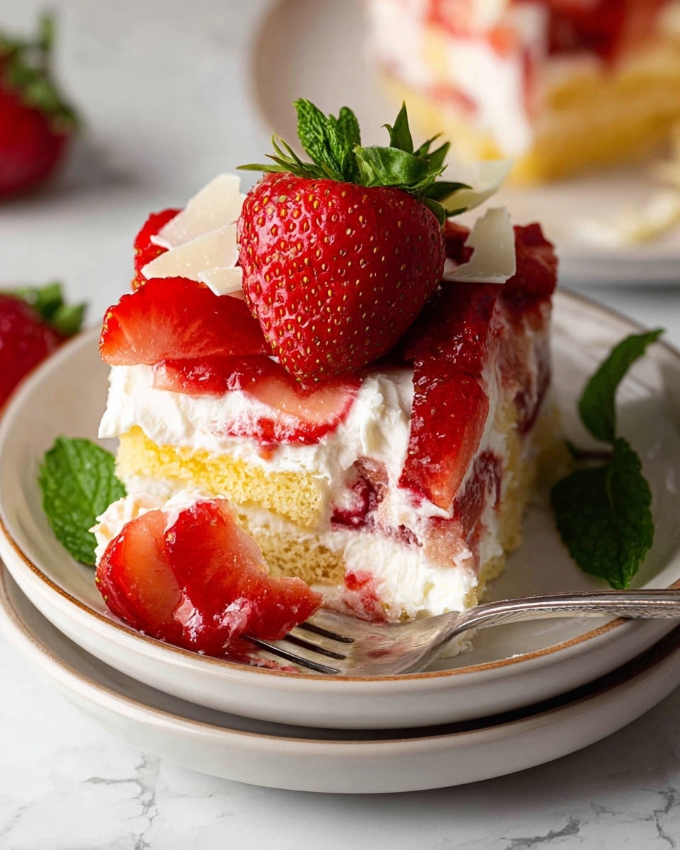 A close-up of a layered strawberry dessert on a white plate stacked on top of two other white plates, all on a white marbled surface. The dessert has three visible layers starting from the bottom: a golden-yellow cake layer, a thick white cream layer with red strawberry pieces, and another golden-yellow cake layer topped with a layer of bright red sliced strawberries. The dessert is garnished with a whole, fresh red strawberry with its green leaves on top, along with green mint leaves and white chocolate shavings around it. There is a silver fork partially cutting into the dessert, picking up layers of cake, cream, and strawberry. Photo taken with an iphone --ar 4:5 --v 7