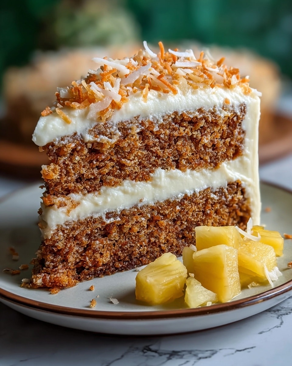 A slice of two-layer carrot cake sits on a white plate with a few pieces of pineapple around it. The bottom layer is a moist, brown crumbly cake, topped with a thick, smooth, and creamy white frosting layer. Above it is another brown cake layer, followed by a thick top of creamy white frosting spreading evenly around the sides. The cake is decorated with toasted orange and white coconut flakes on top, adding texture and color contrast. The plate is placed on a white marbled surface with a blurred green background. photo taken with an iphone --ar 4:5 --v 7
