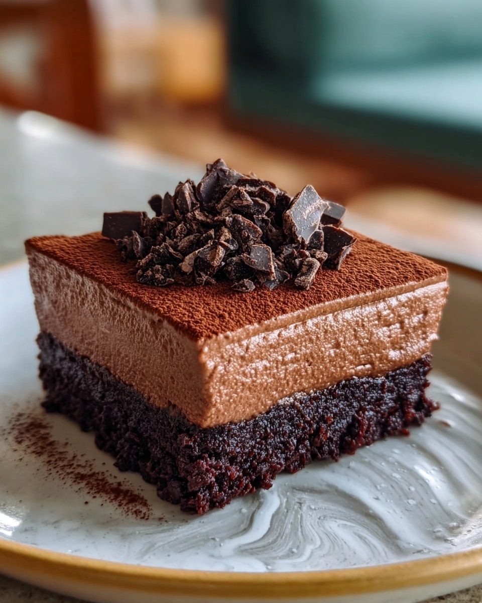 A square chocolate dessert with two clear layers sits on a white plate with a marbled texture and a golden rim. The bottom layer is a dark, rich chocolate cake with a moist and slightly crumbly texture, while the top layer is a thick, smooth chocolate mousse that has a glossy surface and soft appearance. On top, there is a dusting of fine cocoa powder and a pile of broken dark chocolate pieces, adding texture and depth to the dessert. The photo is taken close up with a blurred background showing some furniture. Photo taken with an iphone --ar 4:5 --v 7