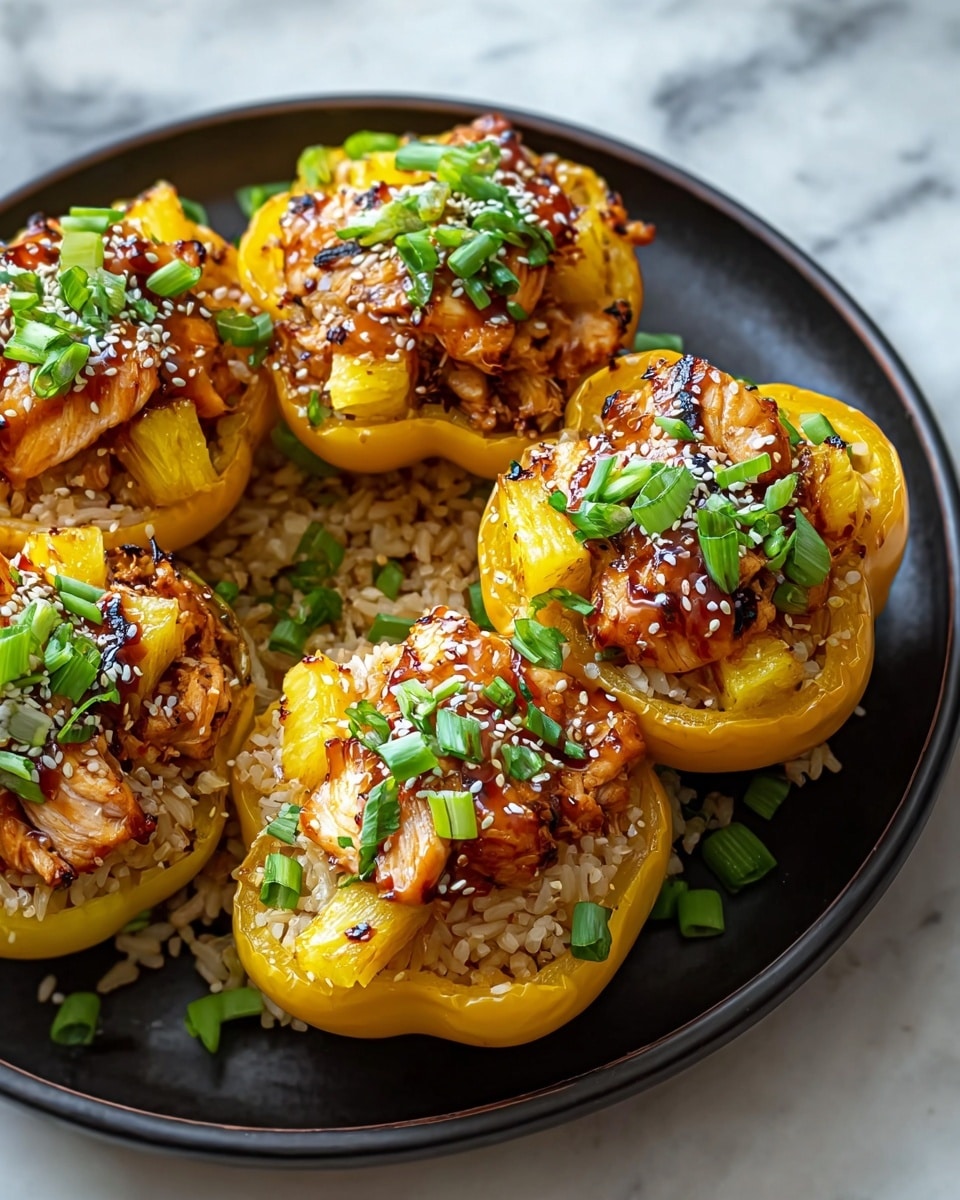 The image shows five yellow bell pepper halves placed in a dark round plate, each filled with a layered mix of light brown rice at the bottom, topped with grilled pieces of glazed chicken that have a shiny, slightly charred surface, and golden grilled pineapple chunks on top. The dish is garnished with sprinkled white sesame seeds and small, bright green chopped scallions that add a pop of color. The plate sits on a white marbled surface, creating a clean and fresh backdrop. photo taken with an iphone --ar 4:5 --v 7