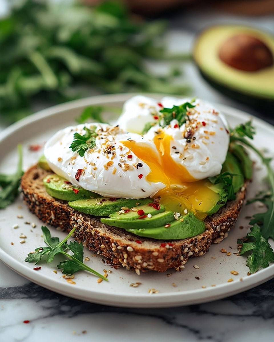 A slice of multigrain bread with visible seeds forms the base, topped with several thick slices of bright green avocado arranged neatly. On top, two soft poached eggs with smooth, white, slightly wrinkled surfaces have been cut open to reveal rich, runny golden yolks spilling slightly over the avocado. The eggs are sprinkled with red chili flakes and sesame seeds and garnished with fresh green parsley leaves. Around the plate, there are loose leafy greens and an avocado slice, all set on a white plate resting on a white marbled surface. photo taken with an iphone --ar 4:5 --v 7