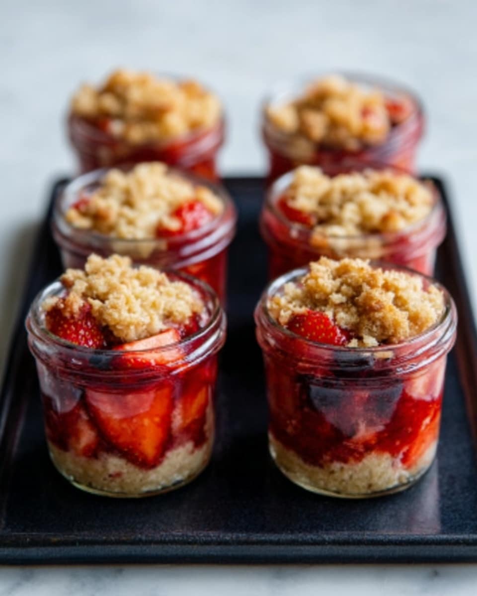 The image shows five small glass jars filled with a dessert, arranged close together on a black tray. Each jar has three visible layers: the bottom layer is light brown and crumbly like a crust, the middle layer is bright red with pieces of fresh strawberries, and the top layer is a golden brown crumb topping that looks crunchy. The jars are clear, showing the colorful layers inside, and the background is a white marbled texture. Photo taken with an iphone --ar 4:5 --v 7