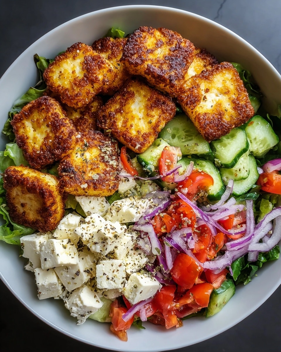 A white bowl filled with a colorful salad layered from bottom to top with green leafy lettuce as the base, followed by slices of fresh cucumber and chopped red tomatoes mixed with thin rings of purple onion. On one side, there are chunks of white feta cheese sprinkled with black pepper. The center is topped with a pile of golden-brown, crispy fried cheese squares with a textured, crunchy crust. The salad is vibrant with red, green, purple, and white colors all clearly separated but close together, all on a white marbled surface. Photo taken with an iphone --ar 4:5 --v 7