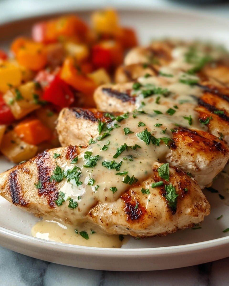 The image shows a close-up of three grilled chicken breasts placed side by side on a white plate, each with a golden-brown outer layer marked by dark grill lines. The chicken is topped with small green parsley pieces, adding a fresh pop of color. The creamy sauce with a light beige tone lightly coats the chicken, giving it a smooth and slightly shiny texture. In the background, there are roasted vegetables, including small potatoes with a golden-yellow and orange color, mixed with pieces of red bell pepper, all resting on a white marbled surface. Photo taken with an iphone --ar 4:5 --v 7
