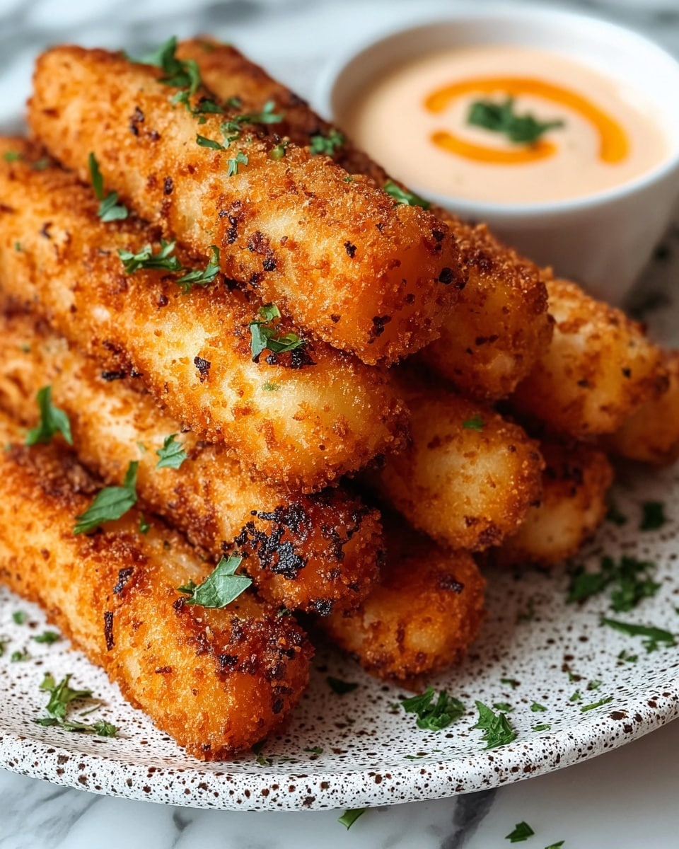 A close-up view of a stack of golden brown crispy fried mozzarella sticks with a rough, crunchy texture and a few charred spots, sprinkled with small pieces of fresh green parsley on top. Behind the sticks, there is a small white bowl filled with creamy light beige dipping sauce with orange drizzle and some green parsley garnish. The food is placed on a speckled white plate with dark speckles, set on a white marbled surface. photo taken with an iphone --ar 4:5 --v 7
