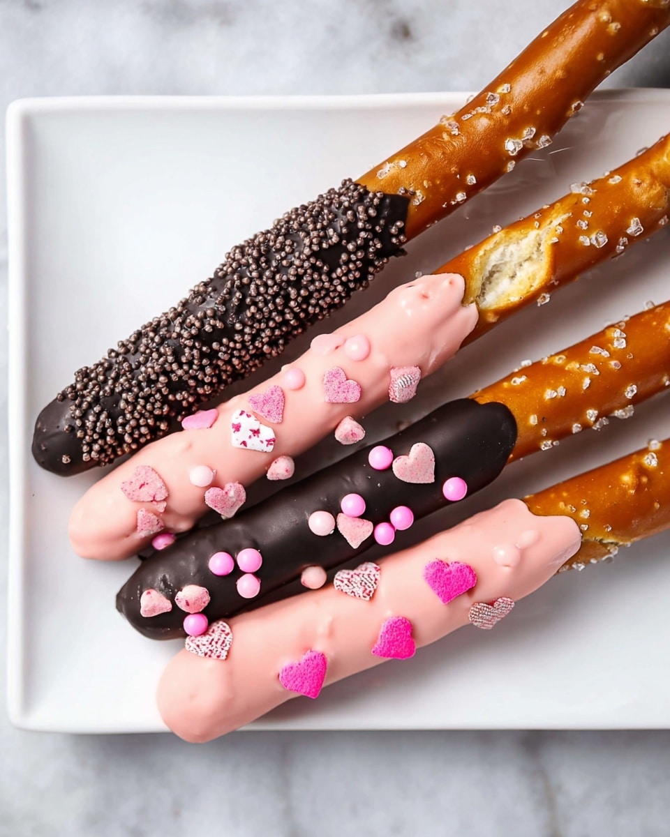 Five pretzel sticks are placed diagonally on a white plate with a white marbled texture surface. The first two pretzels on the left are not covered and show a shiny light brown color with salt grains. The next three pretzels are coated in different toppings: the third one is dipped in smooth light pink chocolate with tiny black sugar crystals sprinkled on top; the fourth pretzel has a dark black chocolate coating with small pink round candies scattered over it; the fifth pretzel has a smooth light pink chocolate layer decorated with pink heart-shaped candies and small pink and white polka dot heart candy pieces. Photo taken with an iphone --ar 4:5 --v 7
