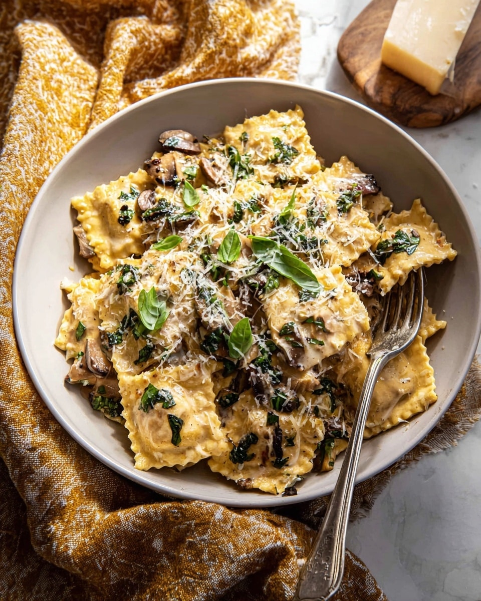 A white bowl filled with two layers of small square ravioli pasta that are light golden yellow in color, mixed with pieces of browned mushrooms and dark green leafy herbs scattered throughout; the top layer of pasta is coated in a light creamy sauce and sprinkled with finely shredded pale parmesan cheese and thin strips of fresh dark green basil, creating a textured and colorful finish; a silver fork rests on the right side of the bowl, and the bowl is placed on a soft textured cloth with a mustard and white pattern on a white marbled surface. photo taken with an iphone --ar 4:5 --v 7