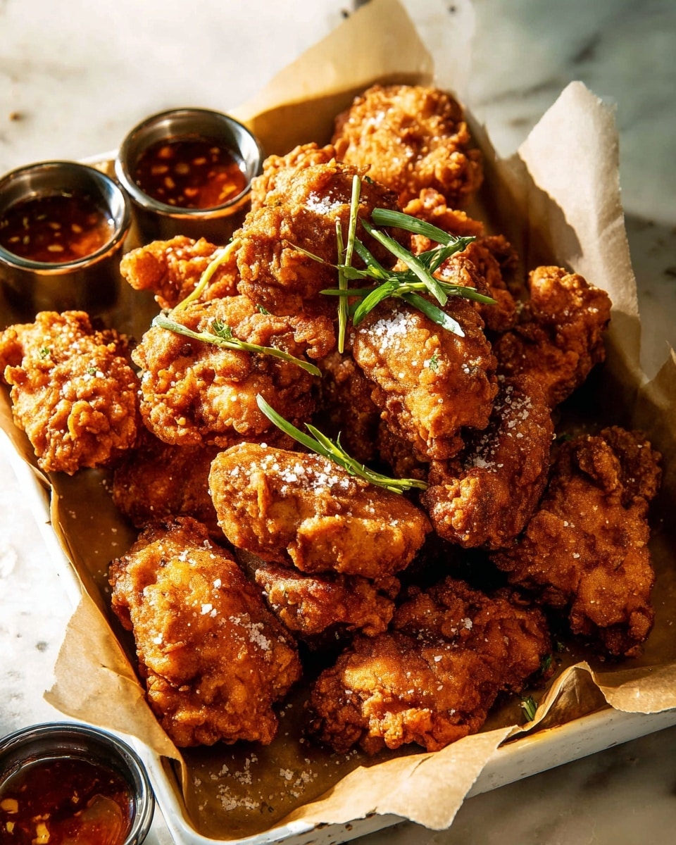 A pile of golden brown fried chicken pieces with a crispy, bumpy texture fills a white rectangular tray lined with light brown parchment paper; the chicken is sprinkled with coarse salt which adds a contrast of small white crystals on the warm brown crust. On the top right corner of the tray, there are fresh green scallion slices adding a fresh touch of color, and around the tray are a few small dark bowls with rich reddish-brown sauce, giving a warm and appetizing look. The tray sits on a white marbled surface that softly reflects light, creating a clean and bright atmosphere. photo taken with an iphone --ar 4:5 --v 7