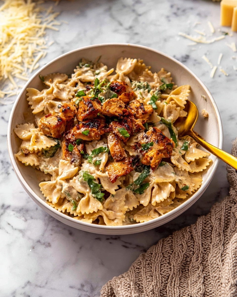 A white bowl filled with three layers of food, starting with a base of golden-brown grilled chicken pieces, followed by a mix of creamy beige sauce coating light yellow bowtie pasta, and scattered green vegetable bits throughout. The chicken pieces look juicy with some charred edges, and the sauce has a smooth, rich texture that blends everything together. A golden spoon is resting on the side of the bowl, which sits on a white marbled surface with some scattered grated cheese around it. Part of a beige knitted cloth is visible at the bottom right corner. photo taken with an iphone --ar 4:5 --v 7