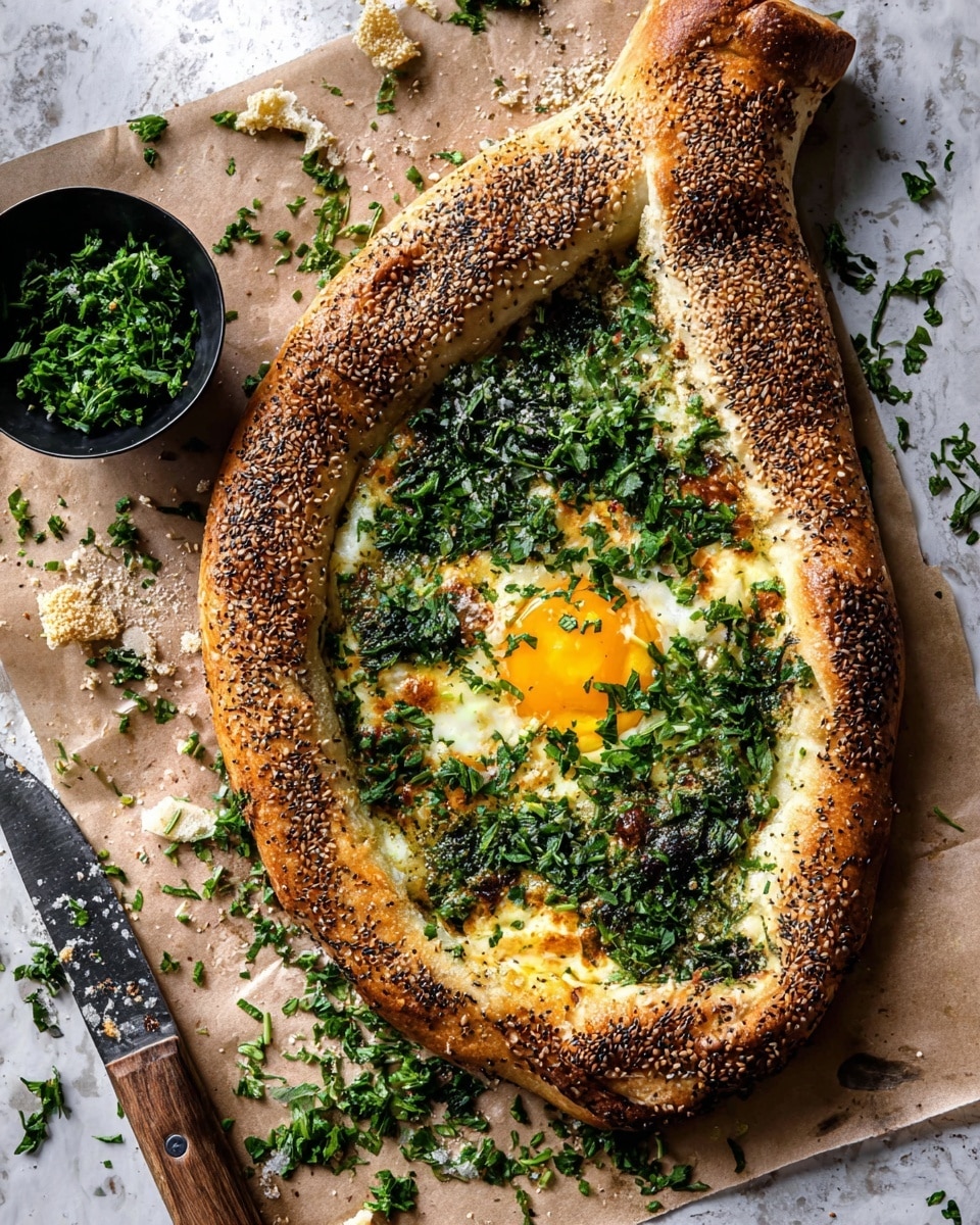 The image shows a boat-shaped bread covered in sesame seeds, with a thick and golden-brown crust that is folded at both ends. Inside the bread, there is a layer of melted cheese topped with a mix of finely chopped dark green herbs that cover almost the entire filling, except for a bright, raw orange egg yolk placed slightly left of center. The bread sits on brown parchment paper with scattered herbs around it. A small black bowl filled with fresh chopped green herbs is placed near the top left of the bread, and a large, worn knife with a wooden handle rests on the right side next to more scattered herbs. The surface under everything has a white marbled texture. photo taken with an iphone --ar 4:5 --v 7