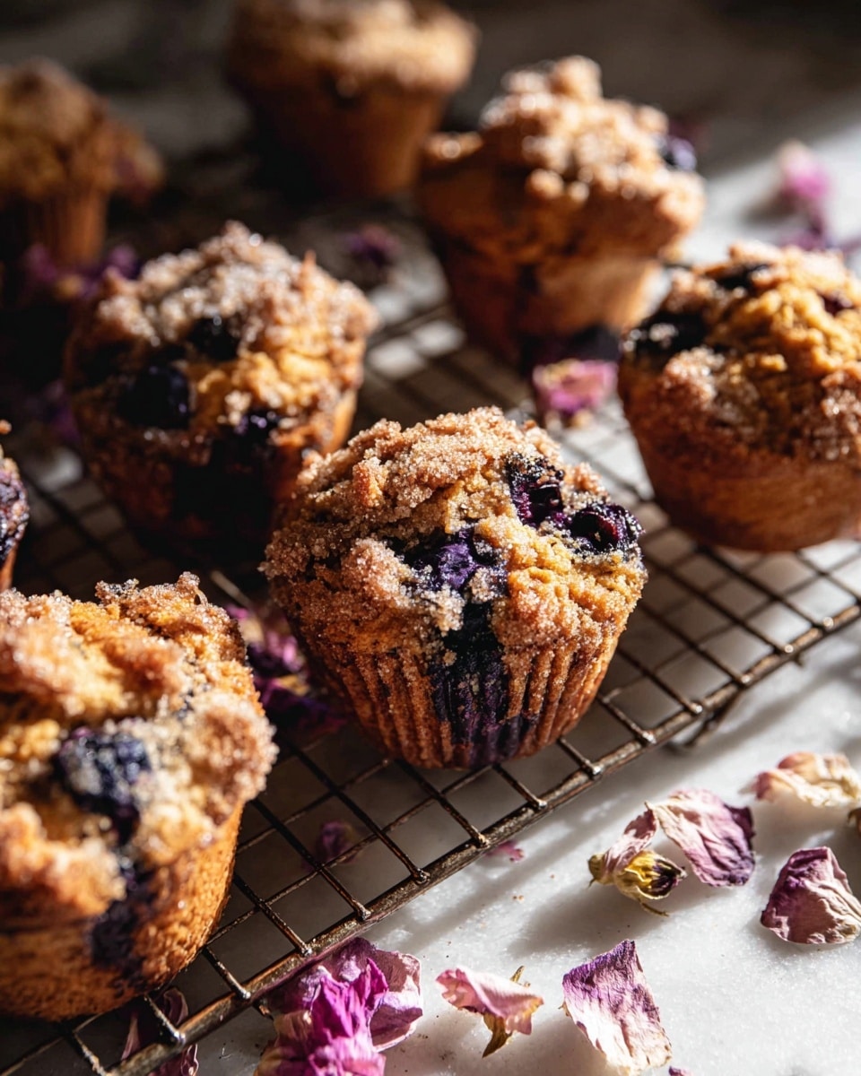 Several golden brown muffins with a crumbly sugar topping are placed on a metal cooling rack. The muffins are studded with dark purple berries that peek through the tops and sides. The texture looks soft and moist with a rough sugary crust on top. Scattered pale pink and white dried flower petals lie among the muffins on the cooling rack. The lighting casts soft shadows, giving the muffins a warm and inviting glow. The whole scene is set on a white marbled texture surface. photo taken with an iphone --ar 4:5 --v 7