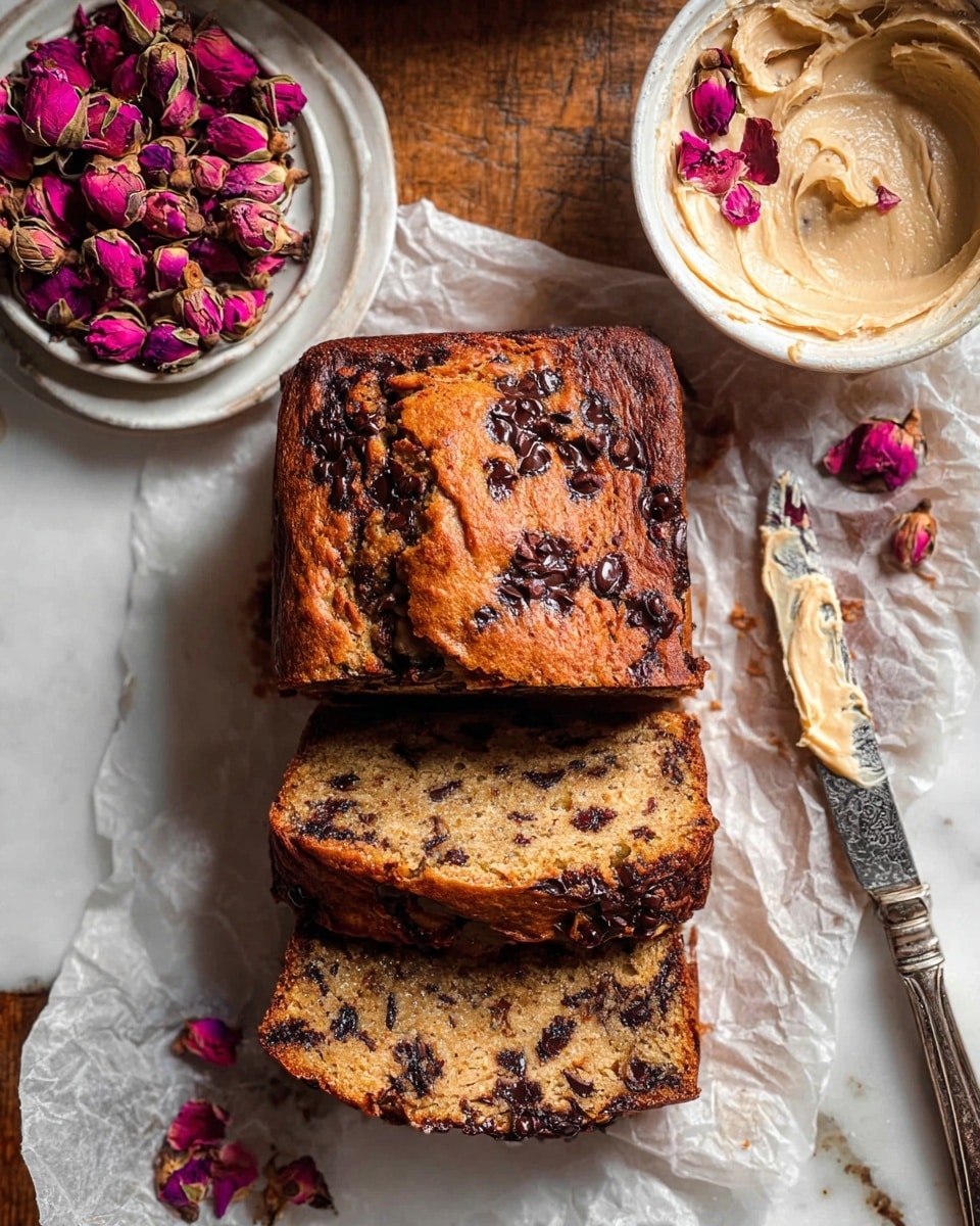 The image shows three slices of chocolate chip banana bread stacked on a white marbled surface, with a light brown textured paper beneath. The top slice is whole with a golden-brown crust and visible melted chocolate chips, the middle slice is cut and laid horizontally showing a moist inside with dark chocolate spots, and the bottom slice is slightly tilted revealing a creamy spread melting over it. To the right, there is a white bowl filled with light brown creamy spread and a vintage silver knife with a small amount of spread and pink rose petals on it. On the left side, a white plate with scattered dried pink rosebuds adds a soft, rustic touch. photo taken with an iphone --ar 4:5 --v 7